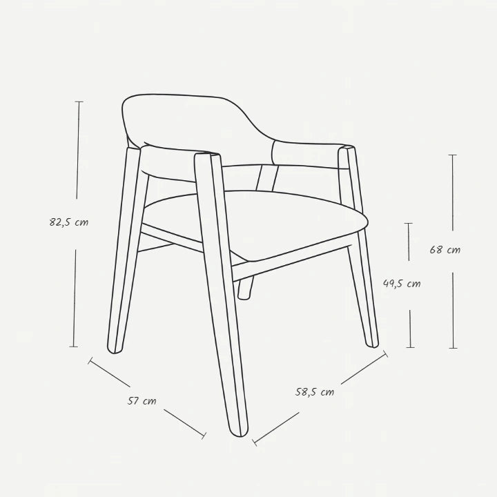balance sandalye ölçü çizimi modern döşemeli sandalye teknik detayları genişlik 58.5 cm derinlik 57 cm yükseklik 82.5 cm oturma yüksekliği 49.5 cm kol yüksekliği 68 cm ürün ölçü tablosu
