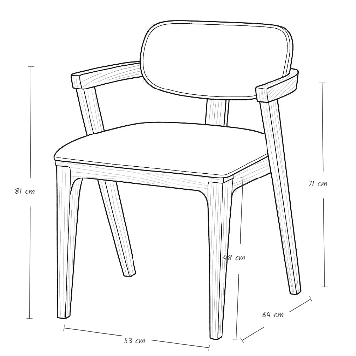bobin sandalye ölçü çizimi modern ahşap sandalye teknik detayları genişlik 53 cm derinlik 64 cm yükseklik 81 cm oturma yüksekliği 48 cm kol yüksekliği 71 cm ürün ölçü tablosu
