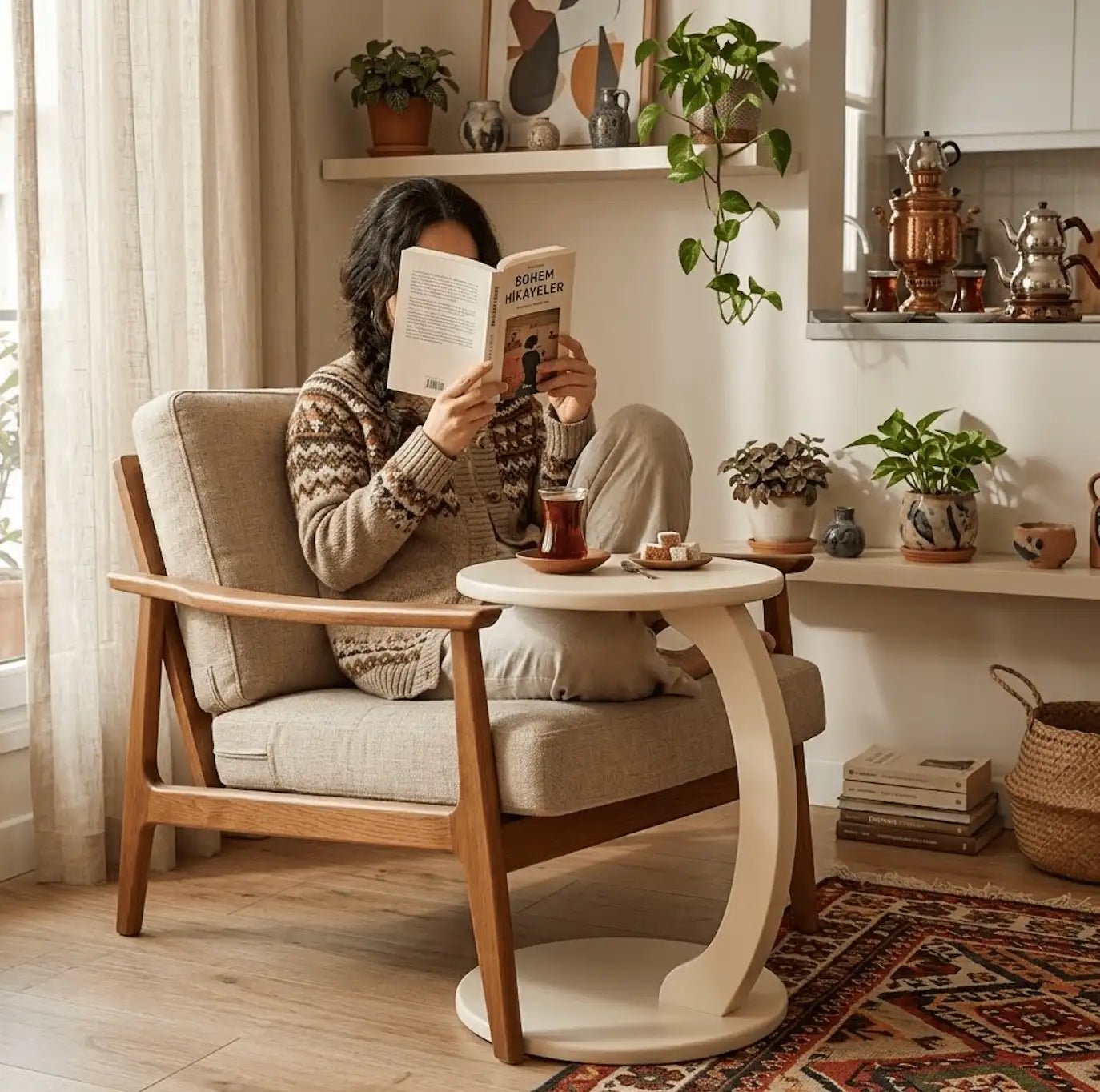 Ham Ahşap Yuvarlak C Sehpa - Koltuk Altı Sehpa - Evimlüks