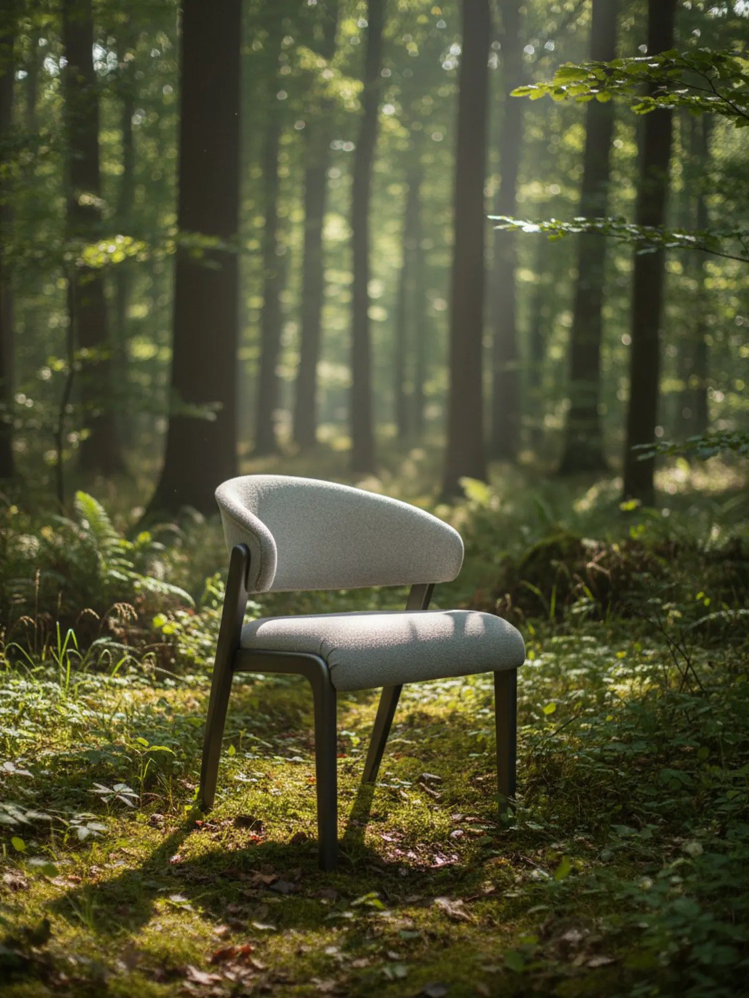 Zendora sırt döşemeli ahşap sandalye, orman ortamında doğal ışıkla çekilmiş ürün fotoğrafı