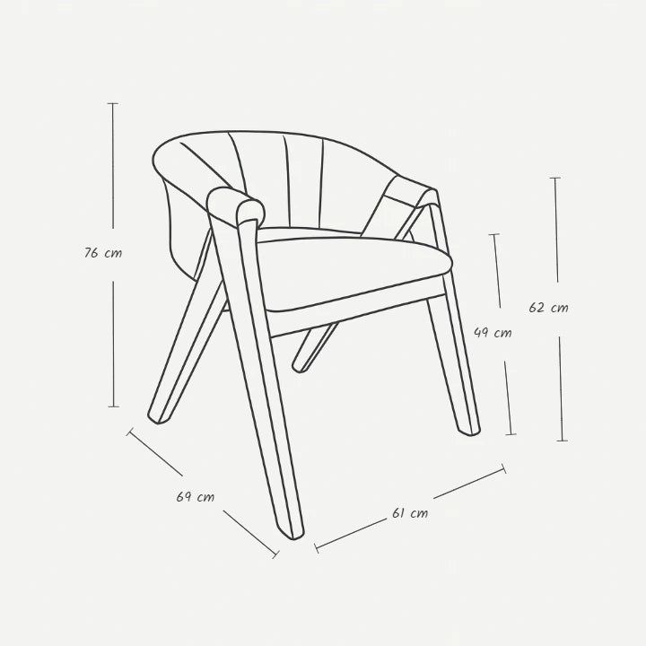 cosma sandalye ölçü çizimi modern döşemeli sandalye teknik detayları genişlik 61 cm derinlik 69 cm yükseklik 74 cm oturma yüksekliği 49 cm kol yüksekliği 62 cm ürün ölçü tablosu
