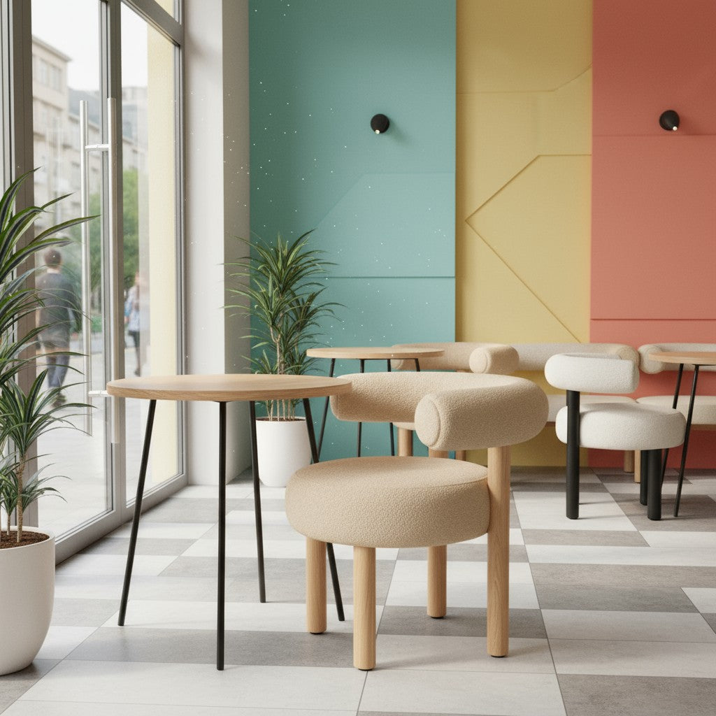 dünya kollu döşemeli berjer, yuvarlak hatlara sahip modern tasarımı, konforlu döşemesi ve ahşap ayaklarıyla renkli bir kafe ortamında sergilenen berjer modelinin ön çapraz görünümü.
