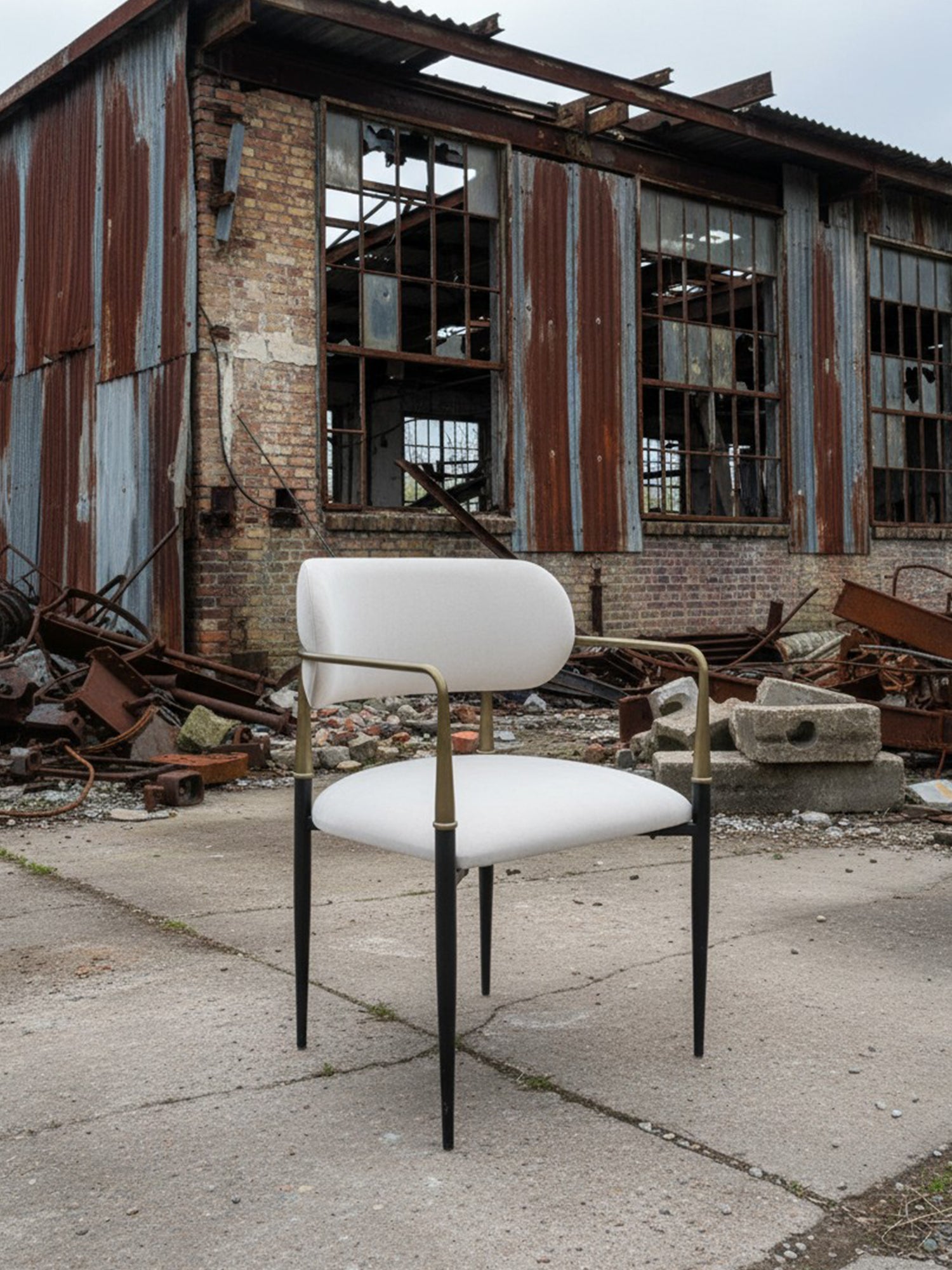 Elegance metal sandalye, açık renk döşemeli oturma ve sırt yapısıyla siyah metal ayaklar ve pirinç tonlu kollu tasarımıyla terk edilmiş endüstriyel bir yapının önünde dış mekanda konumlandırılmış görünüm.
