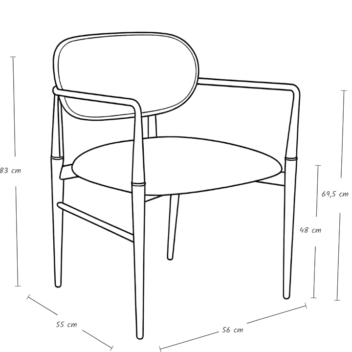 elegance sandalye ölçü çizimi modern metal ayaklı döşemeli sandalye teknik detayları genişlik 56 cm derinlik 55 cm yükseklik 83 cm oturma yüksekliği 48 cm kol yüksekliği 69.5 cm ürün ölçü tablosu
