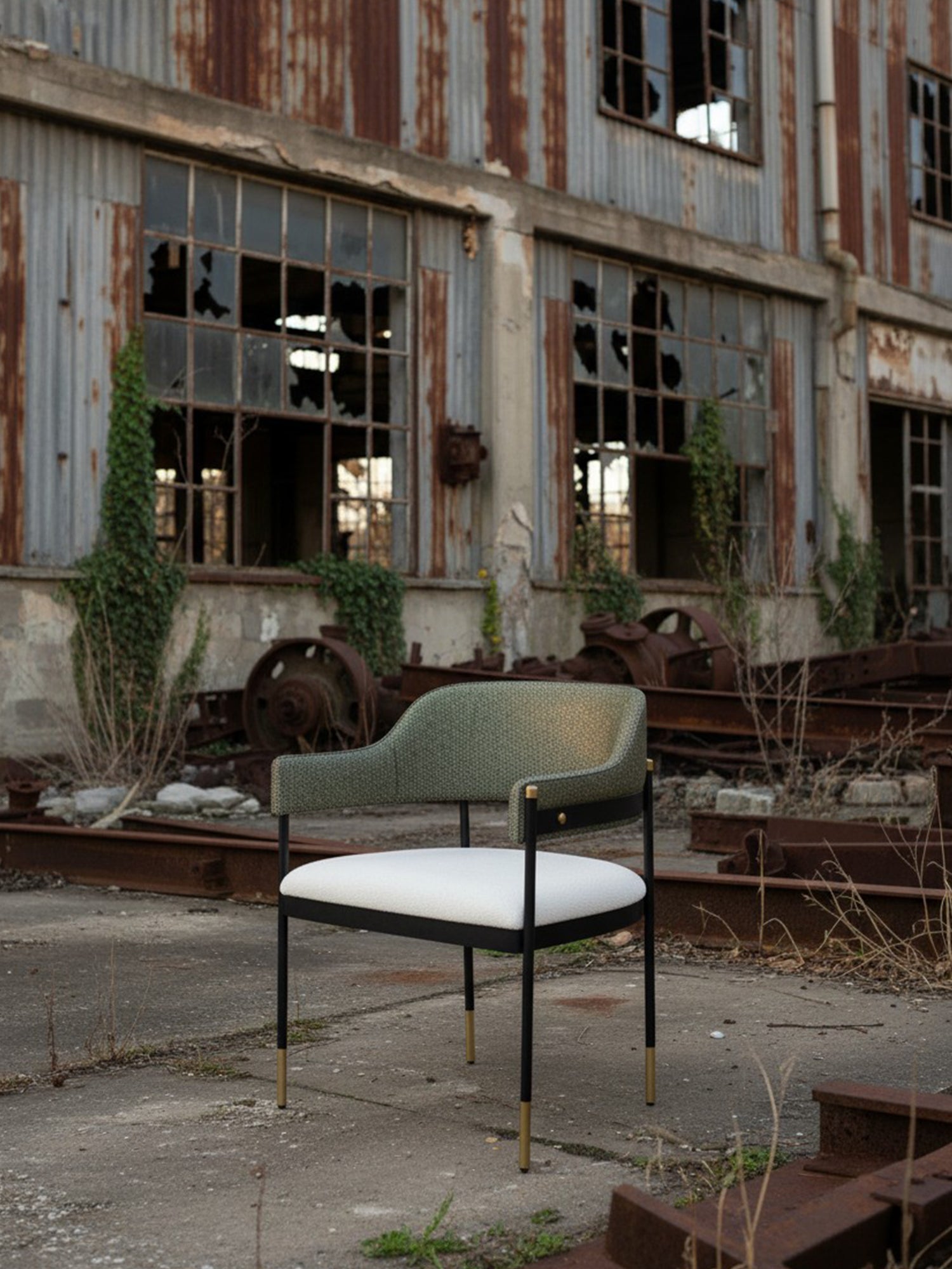 Elmor döşemeli metal sandalye, endüstriyel atmosferde modern çizgisi ve zarif pirinç detaylarıyla güçlü bir kontrast oluşturuyor.
