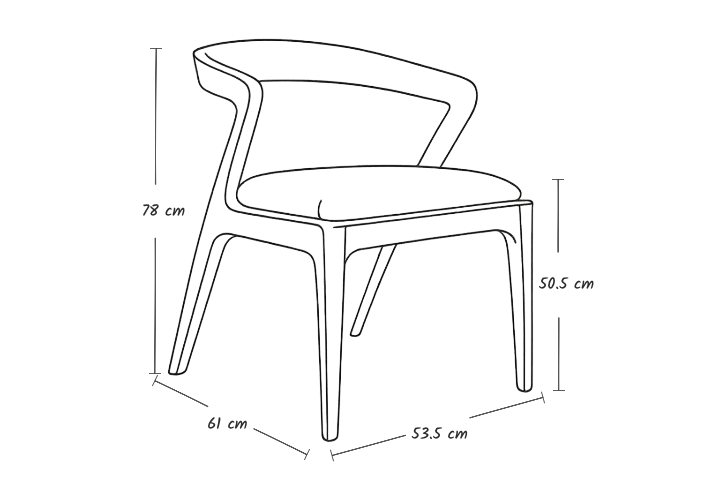 İnce beyaz çizgilerle hazırlanmış, kavisli sırt ve kol yapısına sahip modern Akrep sandalye teknik ölçülendirme çizimi – Evimluks.

