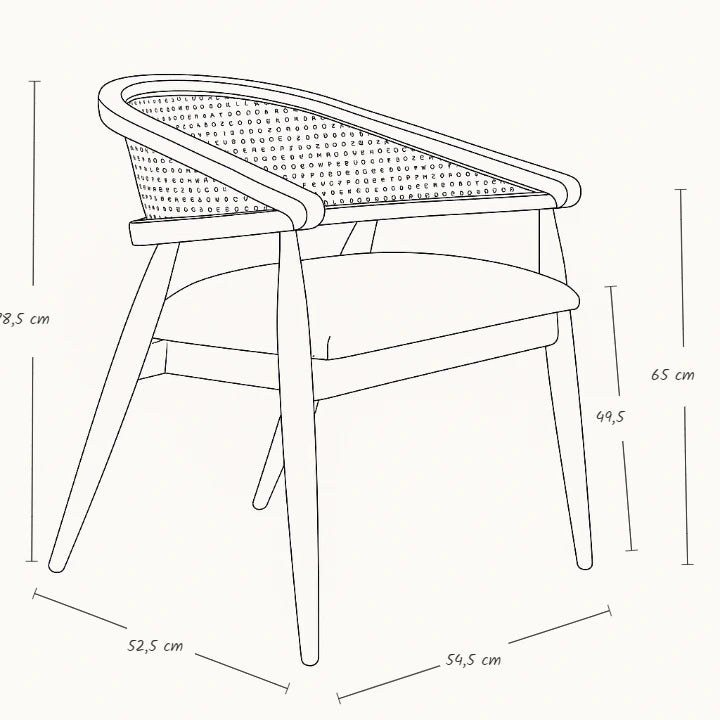 Gazelle sandalye ölçü çizimi modern ahşap sandalye teknik detayları genişlik 54.5 cm derinlik 52 cm yükseklik 78.5 cm oturma yüksekliği 49 cm kol yüksekliği 65 cm ürün ölçü tablosu