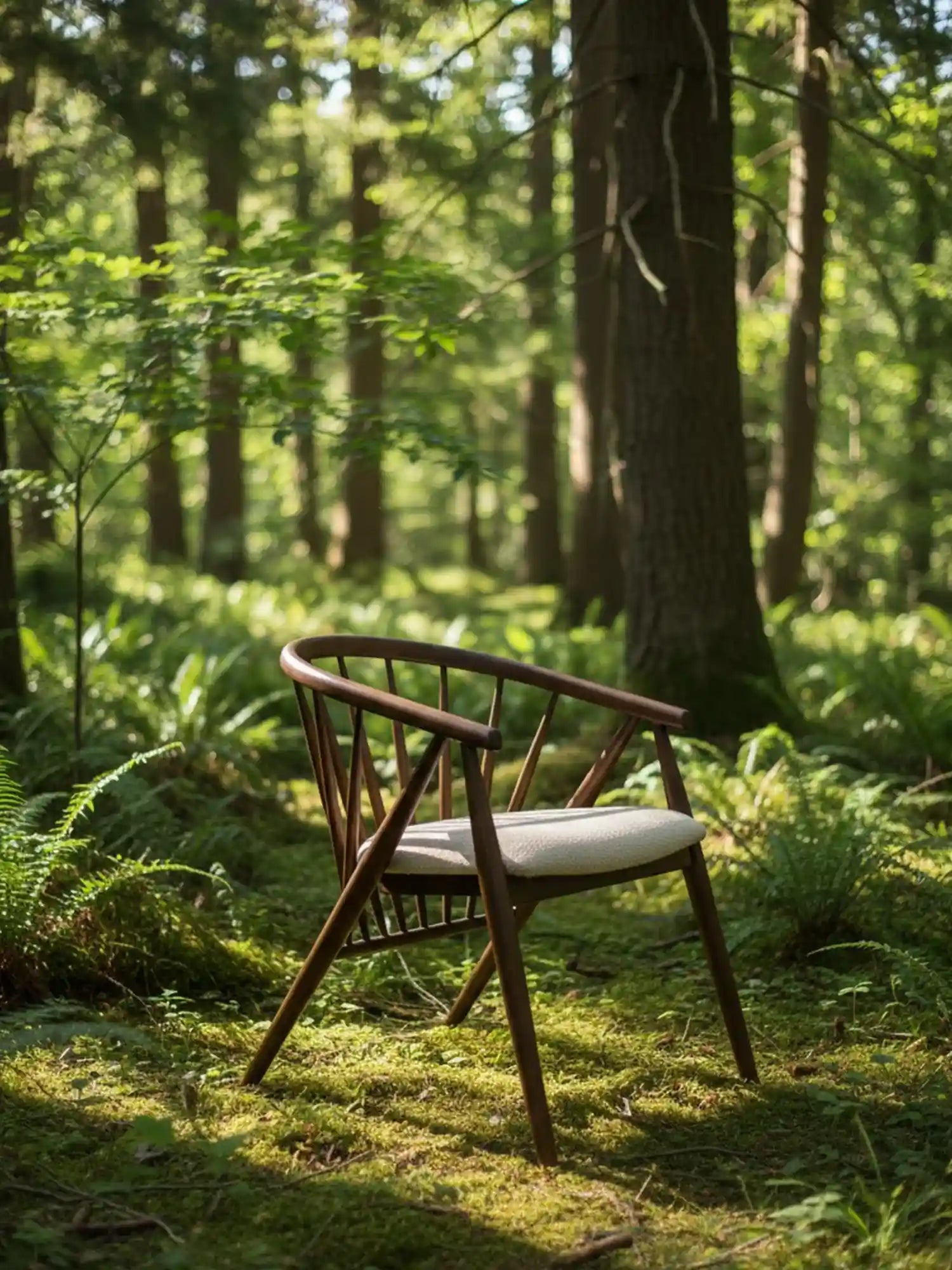 Kaburga sırtı döşemesiz ahşap sandalye modern ahşap sandalye modeli orman içinde doğal ışıkla çekilmiş ürün fotoğrafı
