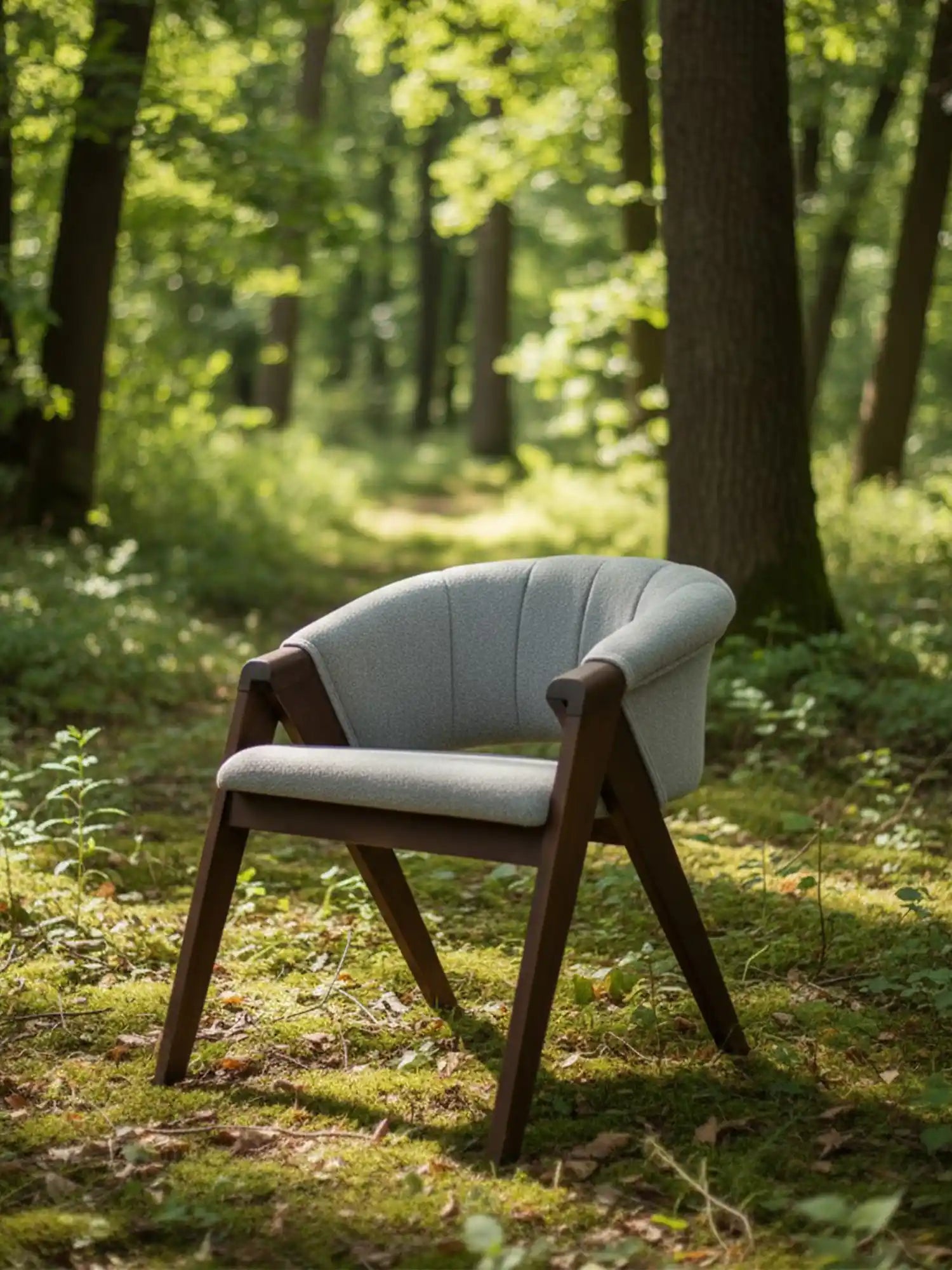 Cosma sırtı döşemeli ahşap sandalye, yumuşak gri döşemeli oturma ve sırt yapısıyla koyu ahşap ayaklar üzerinde orman zemini içinde doğal ortamda konumlandırılmış görünüm.adana
