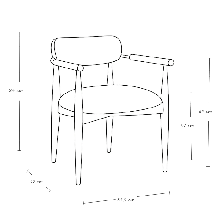 Lanni sandalye ölçü çizimi modern tasarım sandalye teknik detayları genişlik 55.5 cm derinlik 57 cm yükseklik 84 cm oturma yüksekliği 47 cm kol yüksekliği 69 cm ürün ölçü tablosu