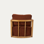 Loop sallanan kollu kaburga ahşap berjer, modern sallanan berjer modeli, beyaz fonda arkadan düz açıyla çekilmiş ürün fotoğrafı
