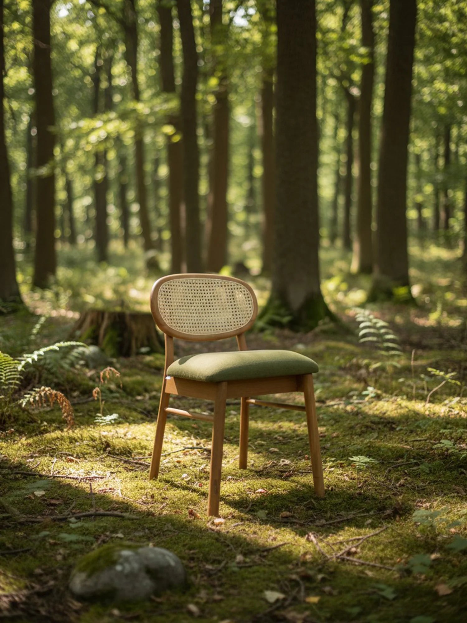 Miami hazeran sırtlı kolsuz ahşap sandalye modern ahşap sandalye modeli orman içinde doğal ışıkla çekilmiş ürün fotoğrafı
