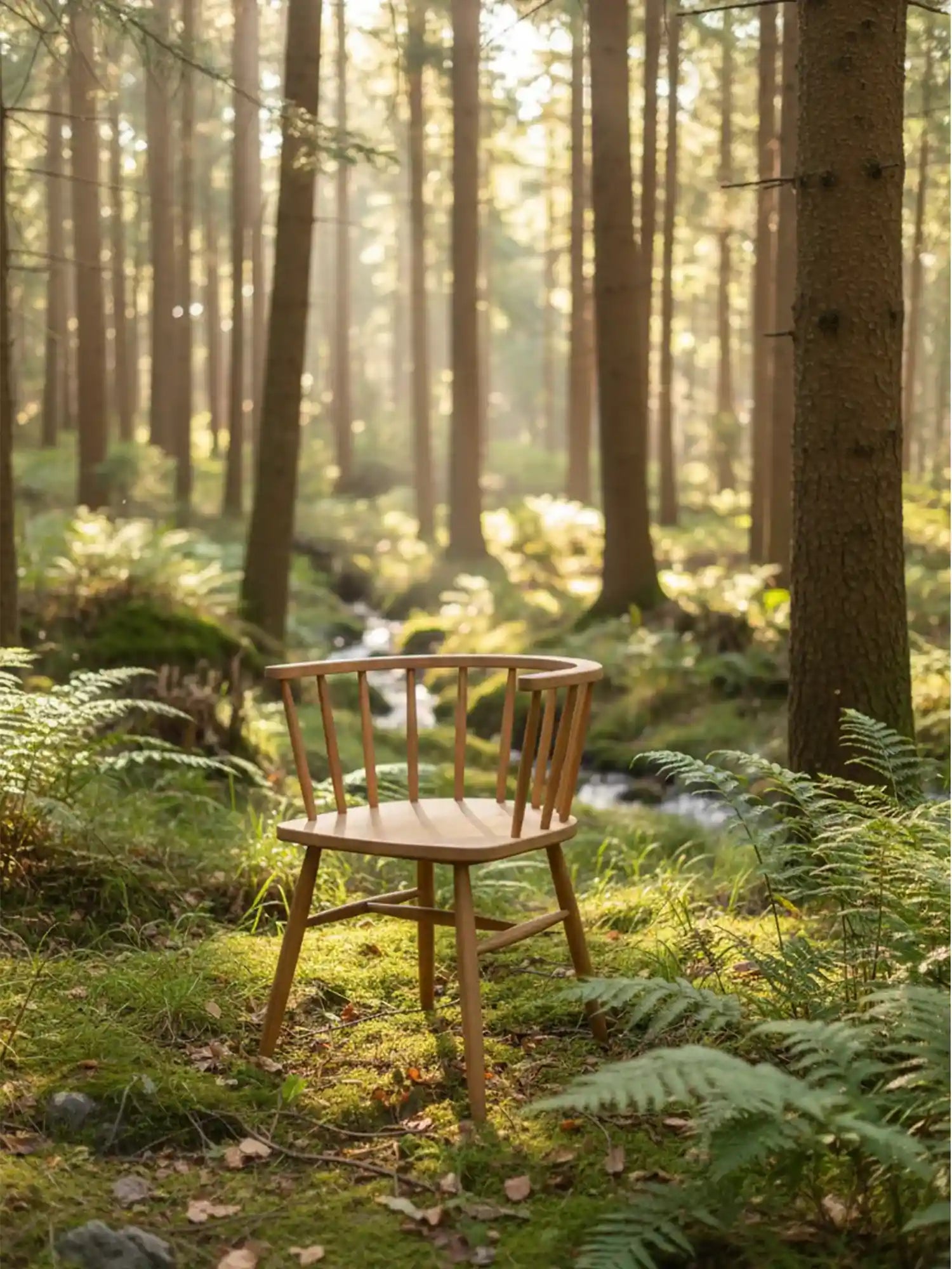 Solara döşemesiz ahşap sandalye, modern masif ahşap sandalye modeli, orman içinde doğal ışıkla çekilmiş ürün fotoğrafı
