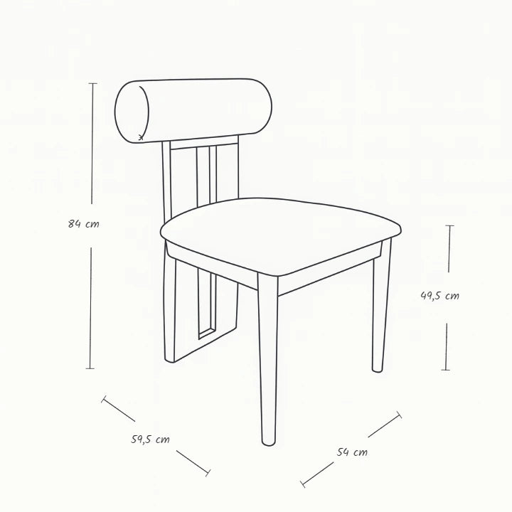 Orlen sandalye ölçü çizimi: 54 cm genişlik, 59,5 cm derinlik, 84 cm yükseklik ve 49 cm oturma yüksekliği bulunan modern sırtı silindirik formda tasarlanmış ahşap ayaklı sandalye