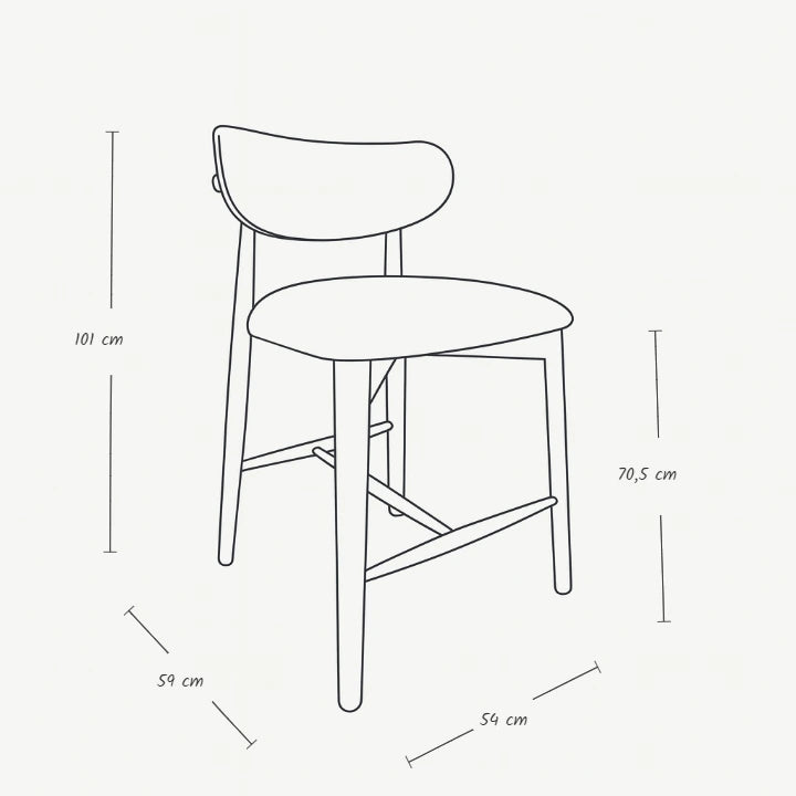 Polo bar sandalye ölçü çizimi; ahşap yapıda, genişliği 54 cm, derinliği 59 cm, yüksekliği 101 cm ve oturma yüksekliği 70,5 cm olan bar sandalyesinin teknik illüstrasyonu.