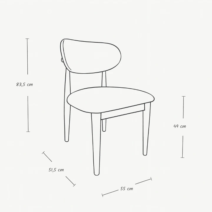55 cm genişlik, 51.5 cm derinlik, 83.5 cm yükseklik ve 49 cm oturma yüksekliğine sahip, yuvarlak hatlı oturma alanı ve geniş kavisli sırt desteği bulunan modern ahşap sandalye çizimi.