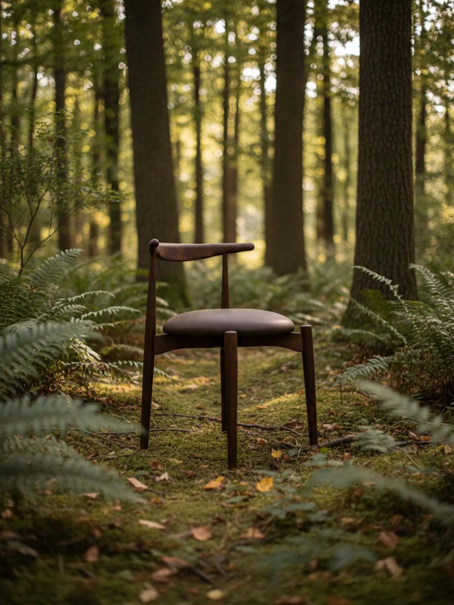 Soma sırtı döşemesiz ceviz ahşap sandalye, modern ceviz ahşap sandalye modeli, orman içinde doğal ışıkla çekilmiş ürün fotoğrafı
