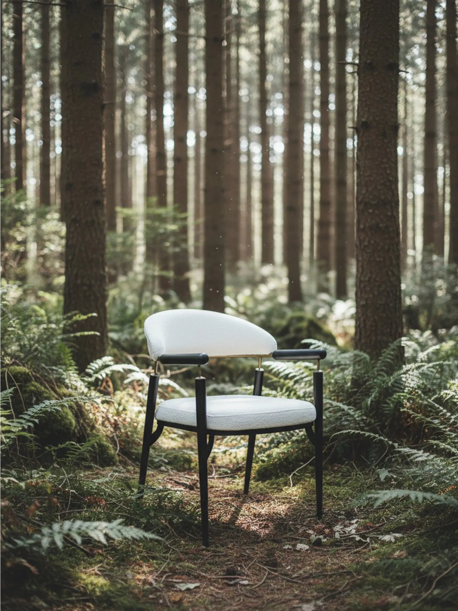 Quatro metal sandalye, modern döşemeli metal ayaklı sandalye modeli, orman içinde doğal ışıkla çekilmiş ürün fotoğrafı
