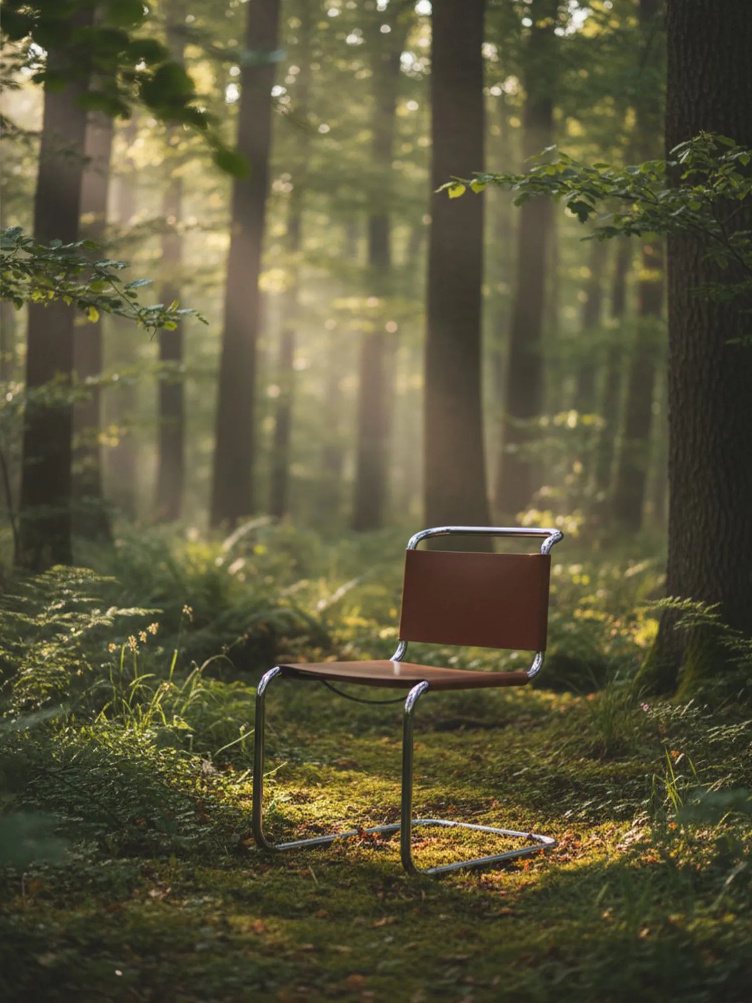 S33 ikonik metal sandalye, modern krom çerçeveli kahverengi oturumlu sandalye modeli, orman içinde doğal ışıkla çekilmiş ürün fotoğrafı
