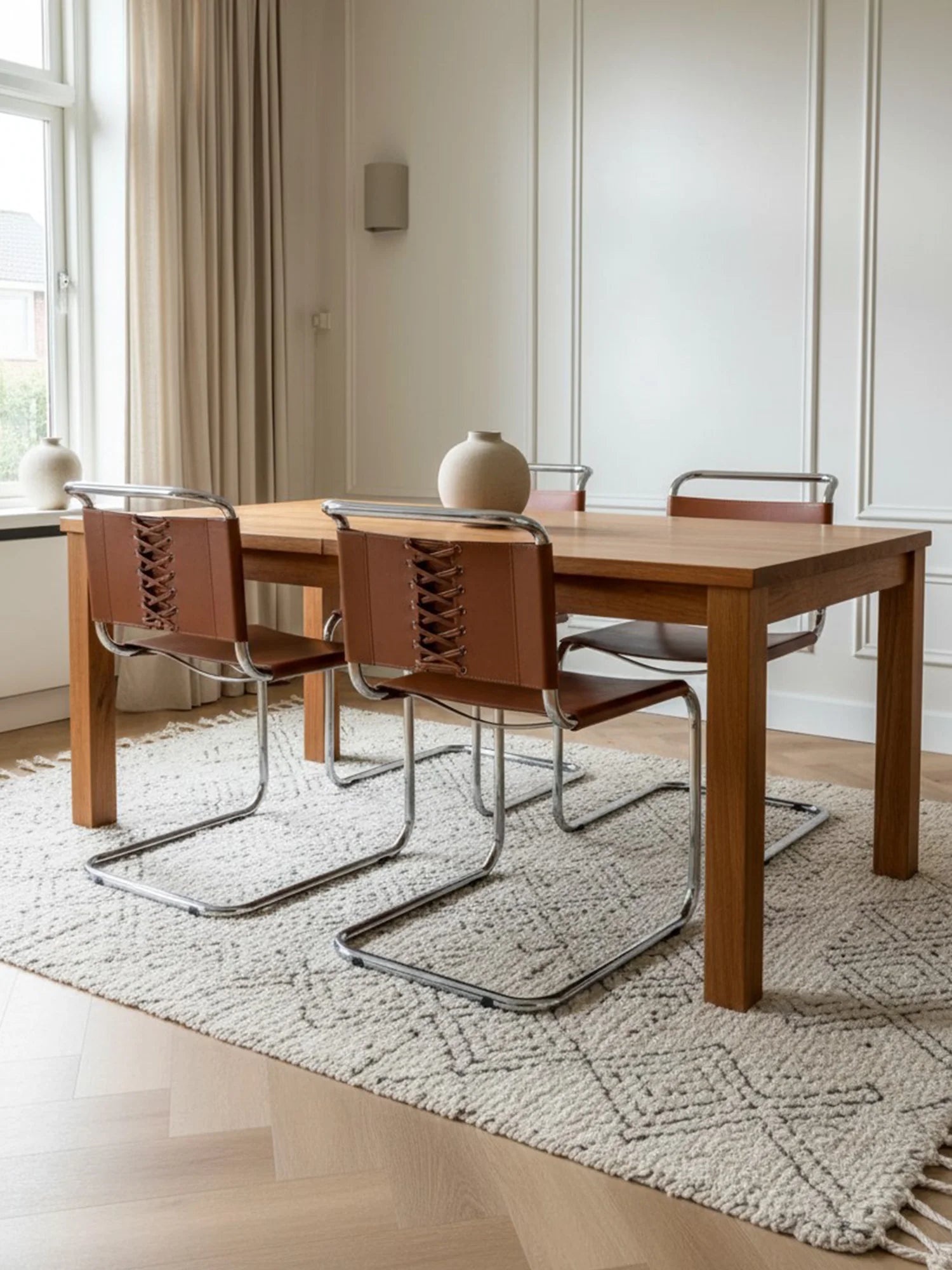 S33 ikonik metal sandalye, modern krom çerçeveli deri oturumlu sandalye modeli, iç mekanda dekoratif sahne düzeninde çekilmiş ürün fotoğrafı
