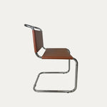 s33 ikonik metal sandalye yan görünüm krom kaplama metal iskelet kahverengi deri oturum ve sırt cantilever modern tasarım ürün fotoğrafı
