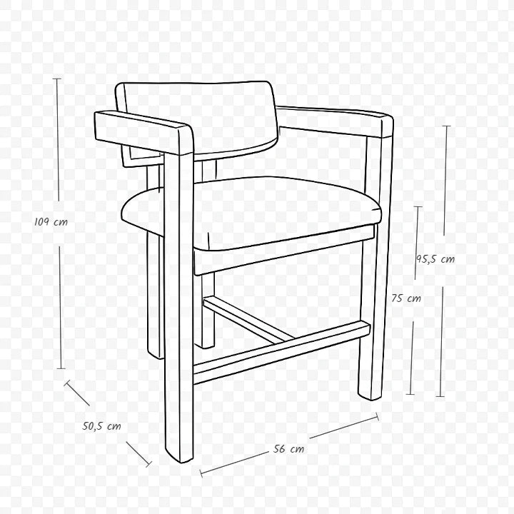 T bar sandalye teknik çizim genişlik 56 cm derinlik 50.5 cm yükseklik 109 cm oturma yüksekliği 75 cm kol yüksekliği 95.5 cm ürün görseli
