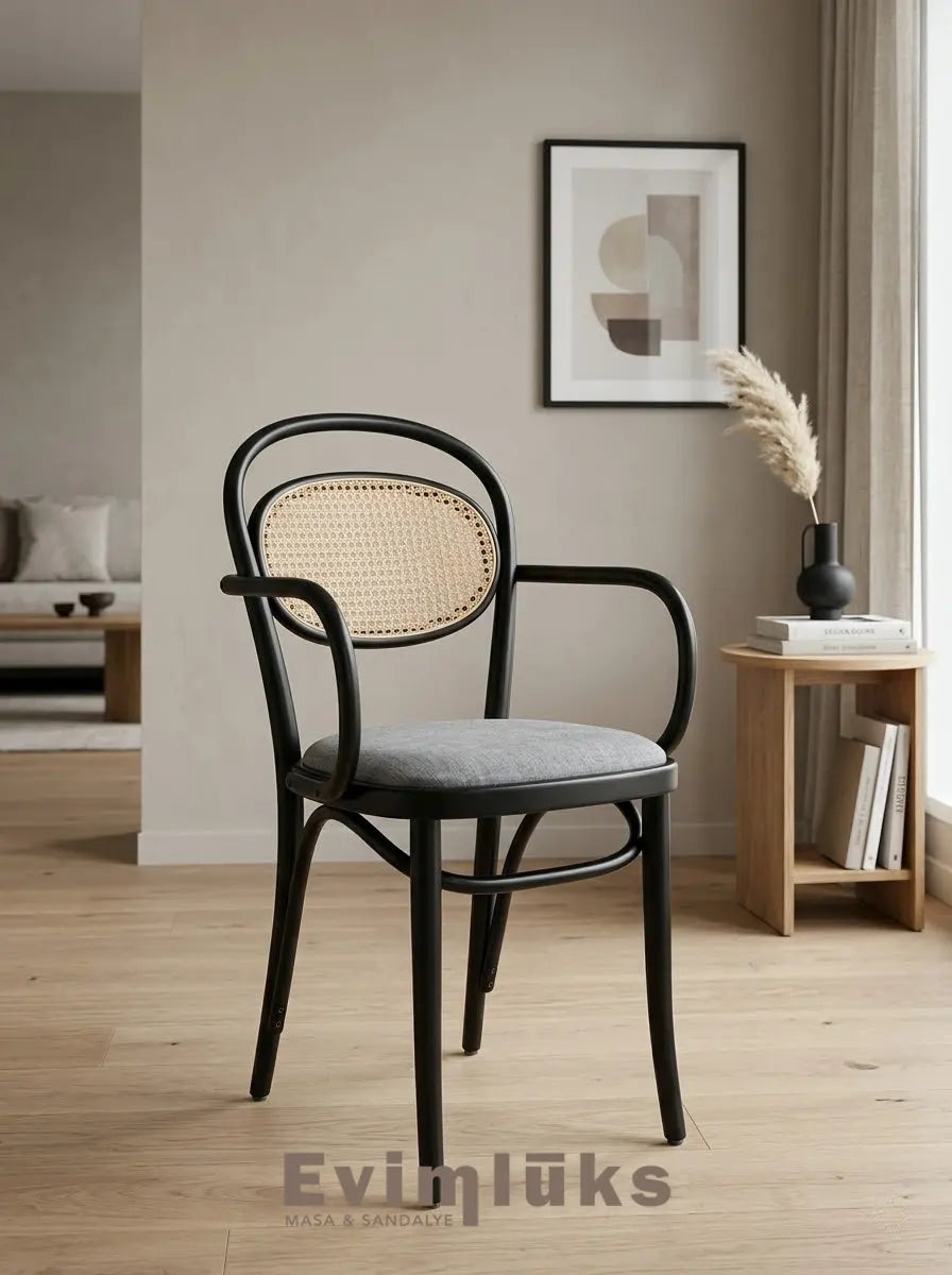 Thonet Model 20 Döşemeli Hazeranlı Kollu Ahşap Sandalye