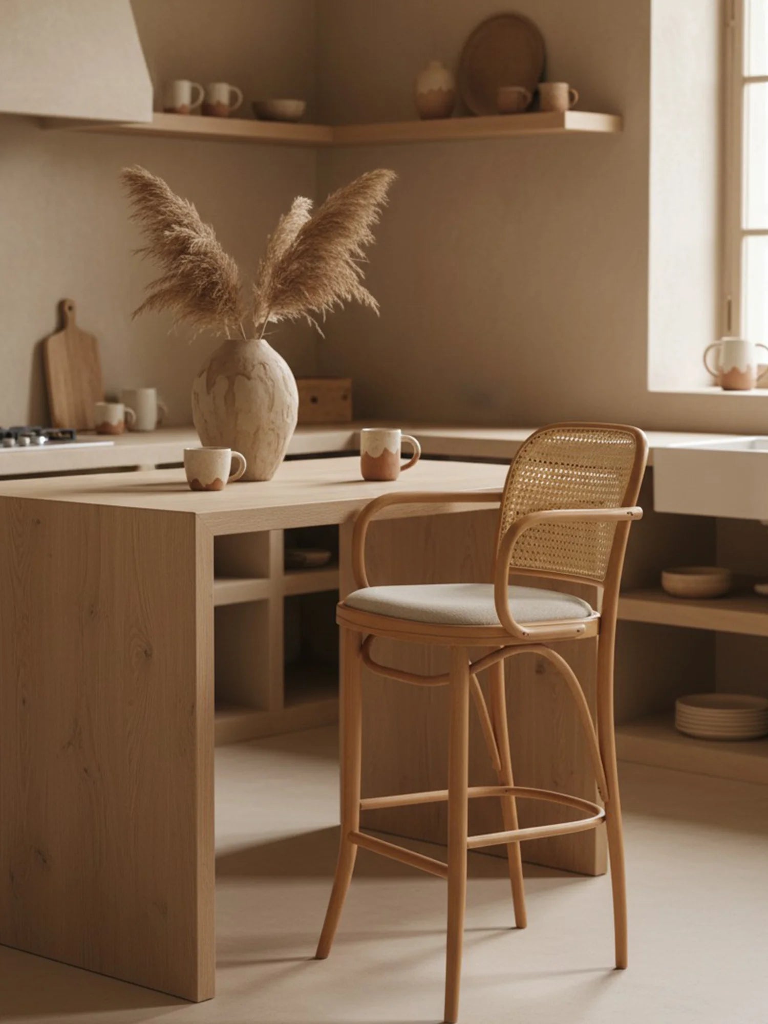 Thonet Model 811 Kollu Döşemeli Ahşap Bar Sandalyesi - Evimlüks