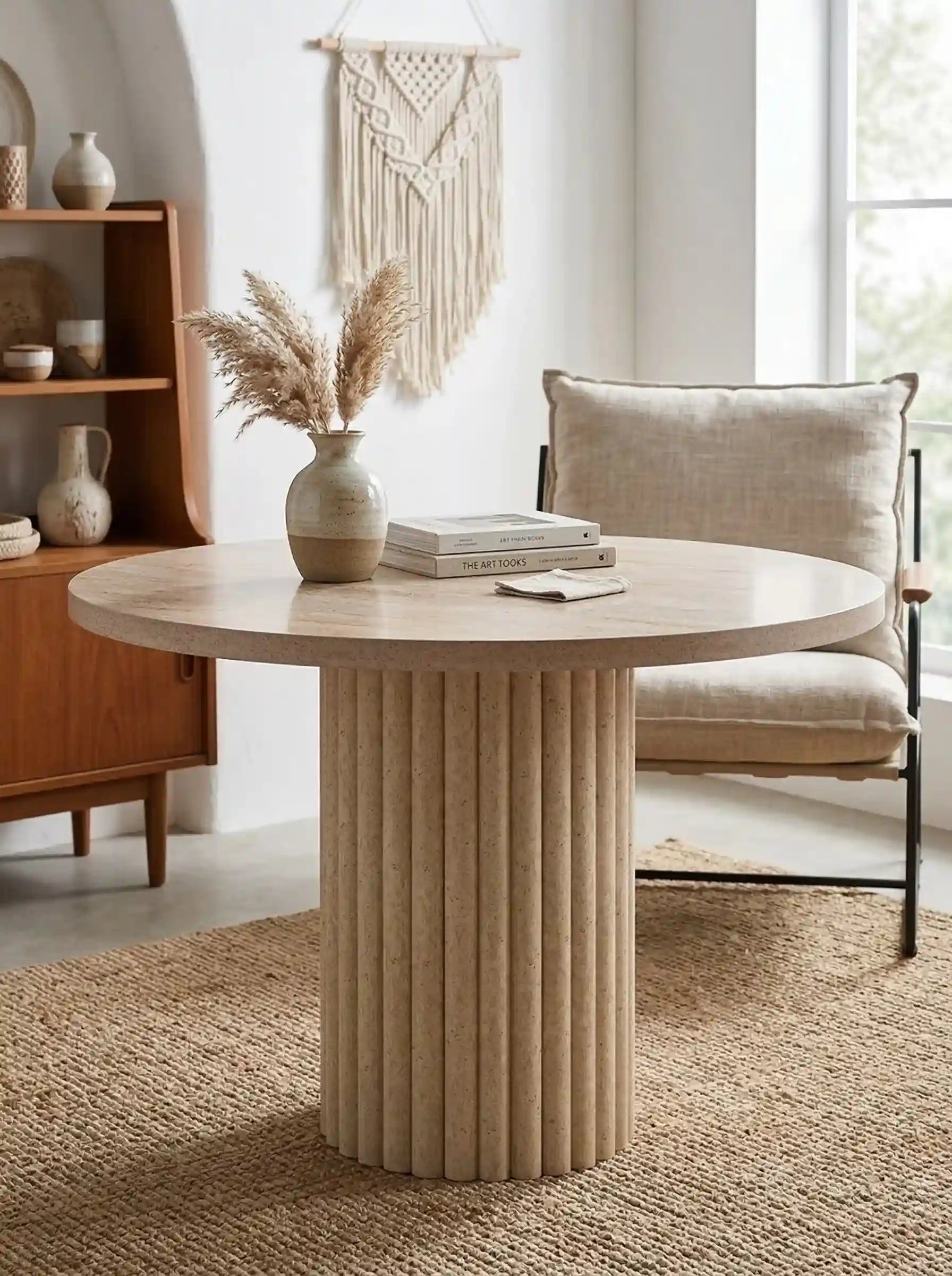 fitilli yuvarlak traverten ahşap masa 