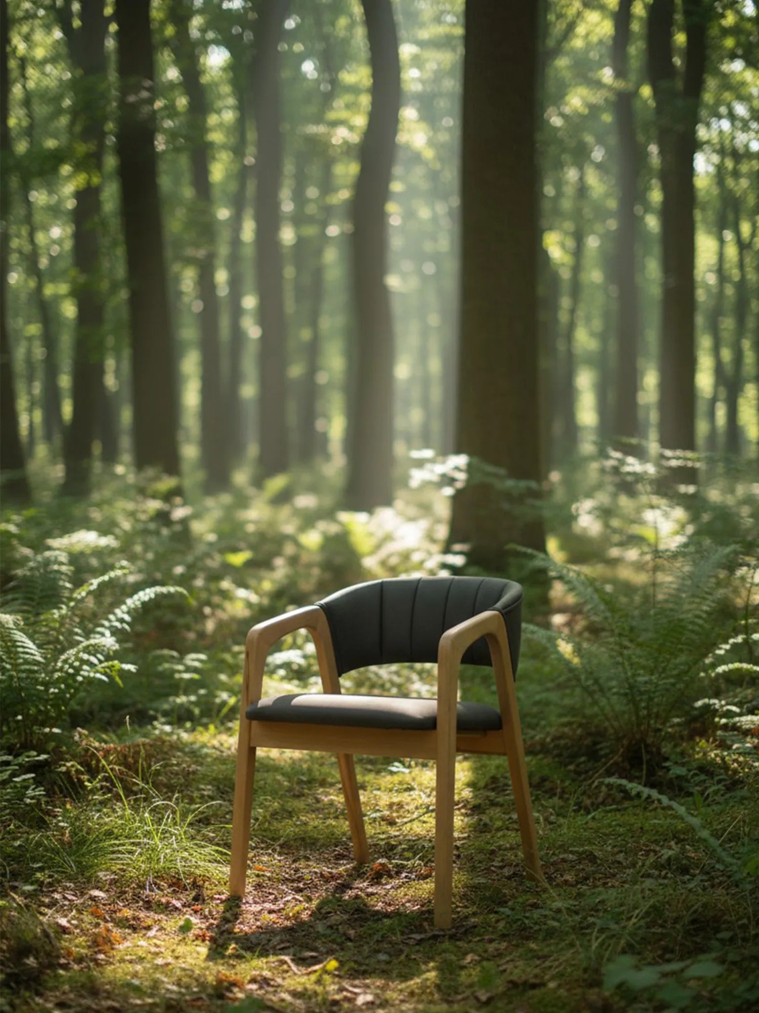 Verde deri ahşap sandalye, modern deri kapitone ahşap sandalye modeli, orman içinde doğal ışıkla çekilmiş ürün fotoğrafı
