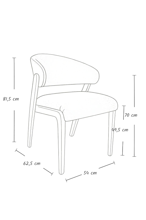 Zendora sırt döşemeli ahşap sandalye, modern ahşap sandalye ölçü çizimi modeli, transparan fonda teknik çizim olarak hazırlanmış ürün görseli
